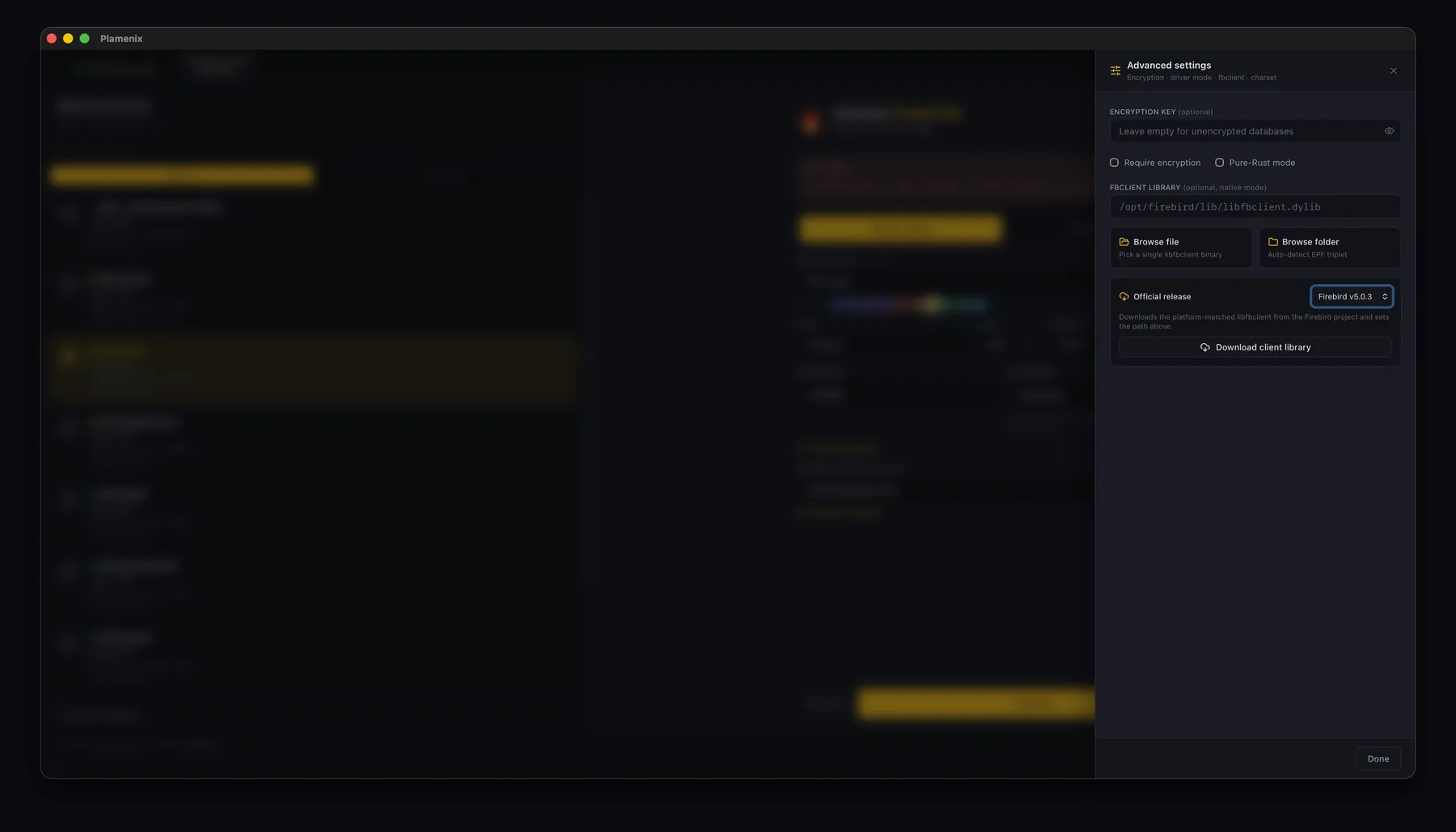 An advanced settings drawer with an encryption key field, require-encryption and pure-Rust toggles, an fbclient library path, and a control that downloads an official Firebird client release.