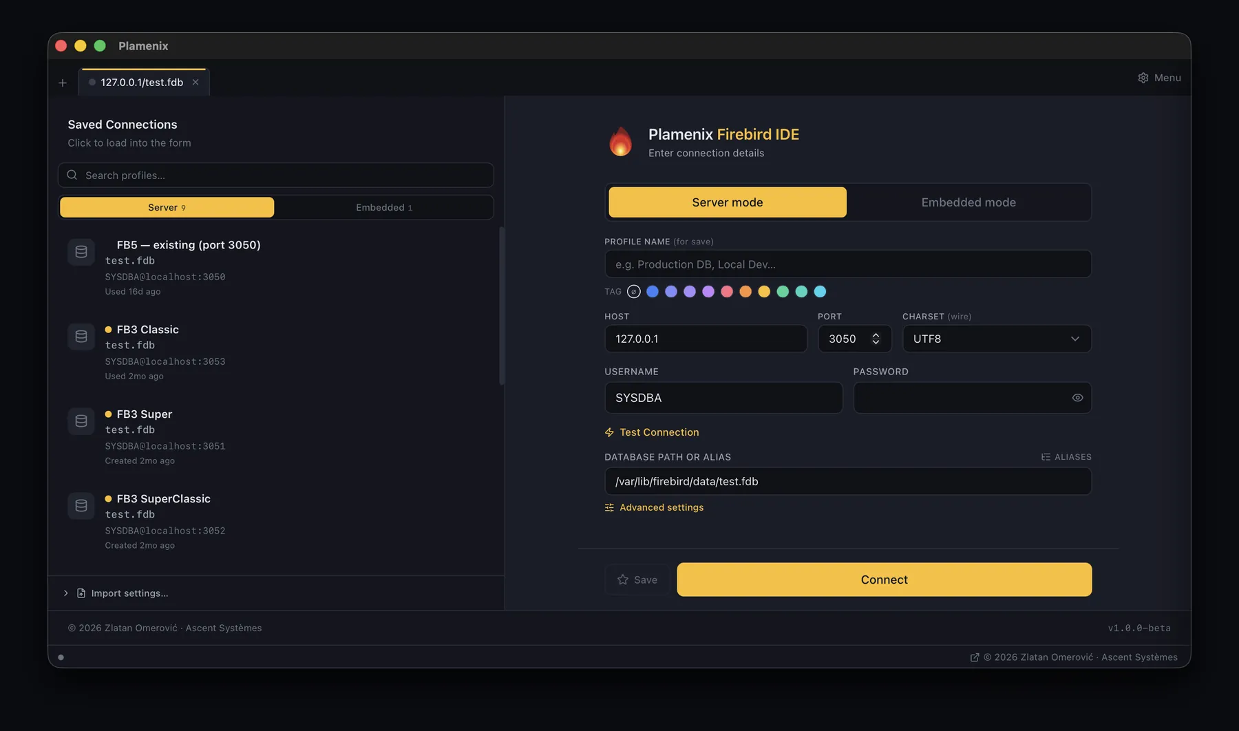 The connection screen in the dark theme.