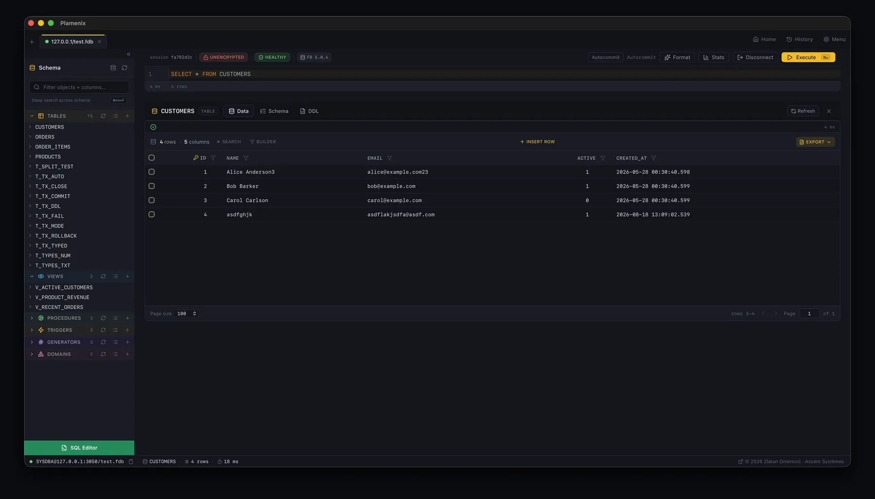 The SQL editor above a result grid for the CUSTOMERS table, with Data, Schema and DDL tabs, per-column filters, an insert-row action and export options.