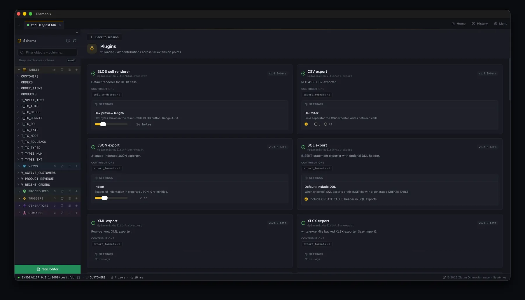 The plugins page showing twenty-one loaded plugins with their contributions and per-plugin settings, including BLOB rendering and CSV, JSON, SQL, XML and XLSX exporters.