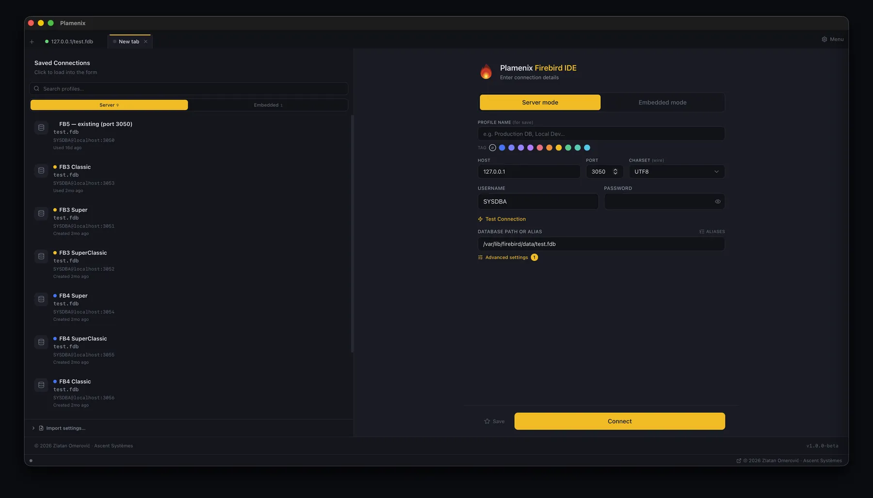 The connection screen with saved profiles for Firebird 3, 4 and 5 servers in Classic, Super and SuperClassic modes, each colour-tagged, beside a connection form.