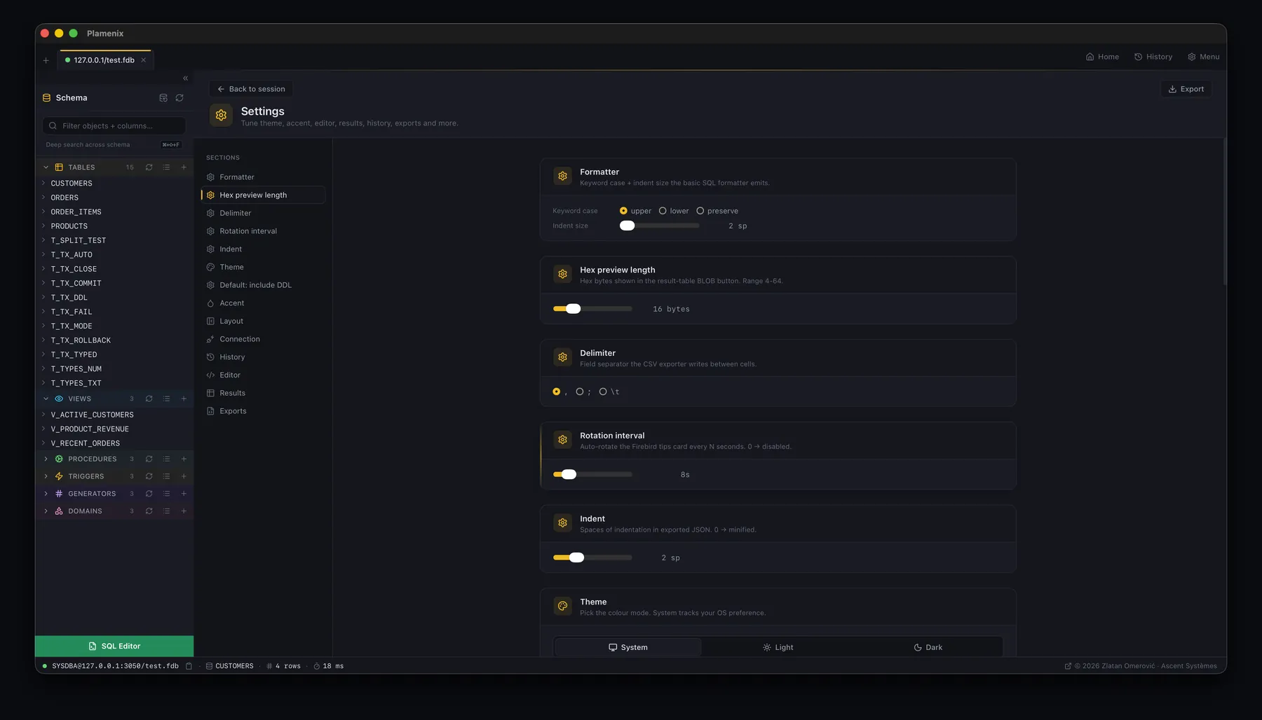 The settings page with a section list and panels for SQL formatter options, BLOB hex preview length, CSV delimiter and theme selection.