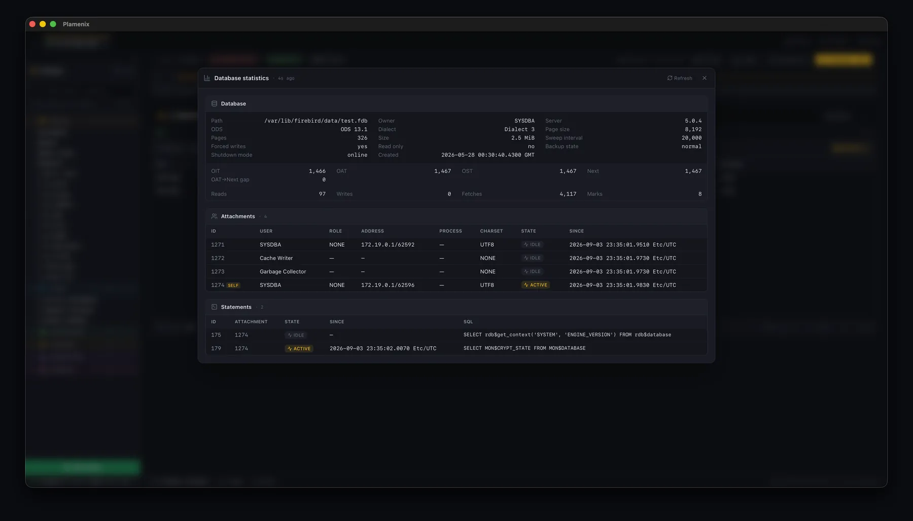A database statistics panel listing path, ODS version, dialect, page size, sweep interval, OIT, OAT, OST and page counters, above tables of current attachments and running statements.